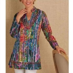 Soft Surroundings Batik Oversized Embroidered V-Neck Long Sleeve Tunic Size M